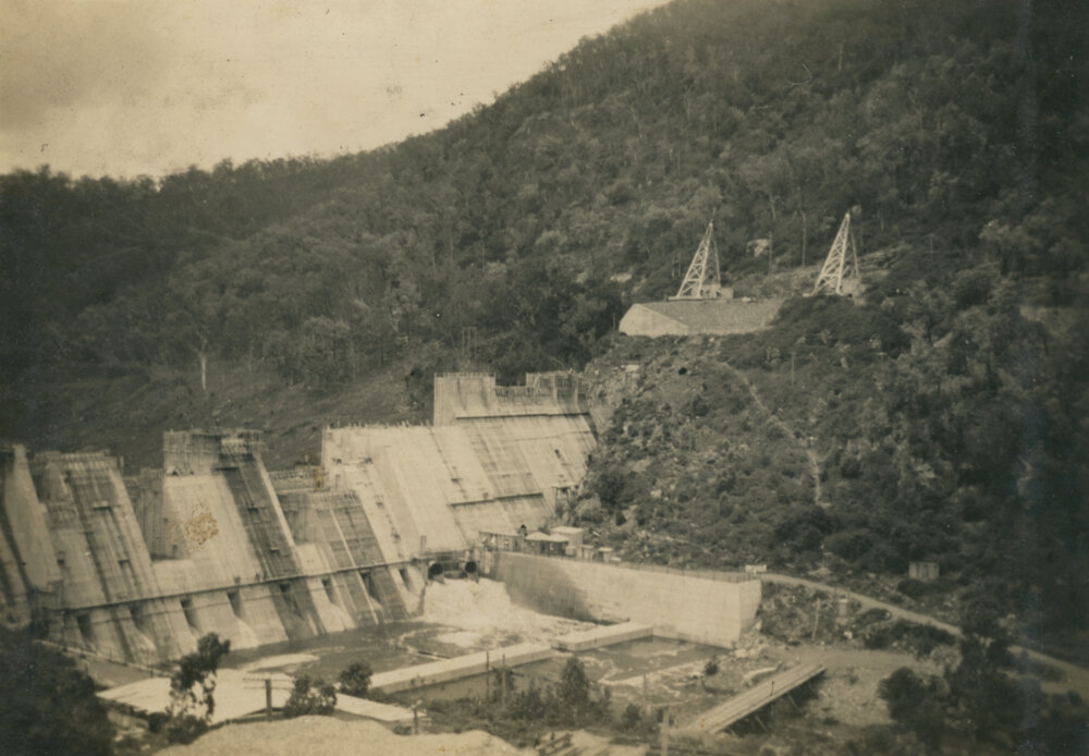 Somerset Dam wall and construction site below the wall