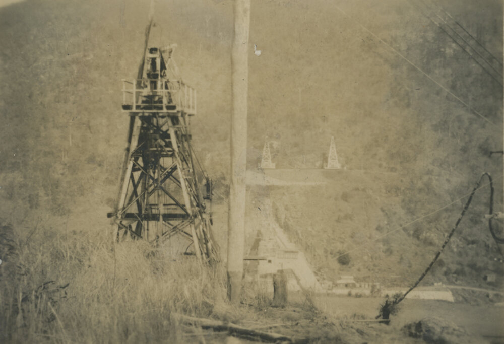 Looking from head tower to tail tower, Somerset Dam construction