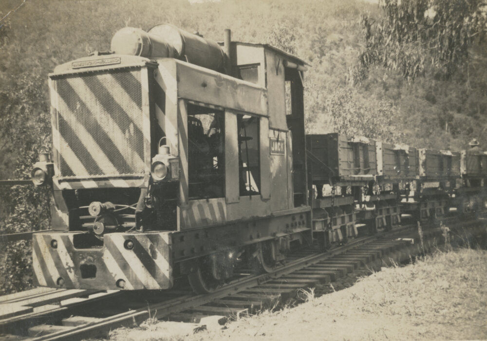 Crushed metal train, Somerset Dam construction