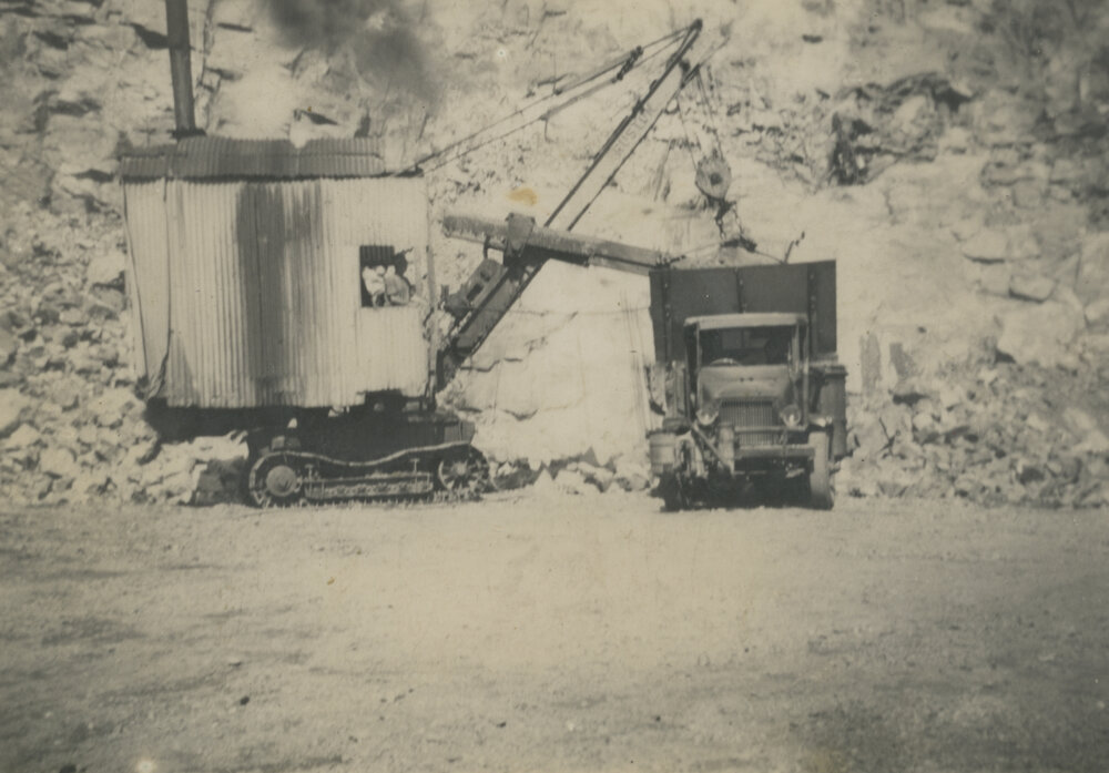 Loading a truck at the quarry , Somerset Dam construction