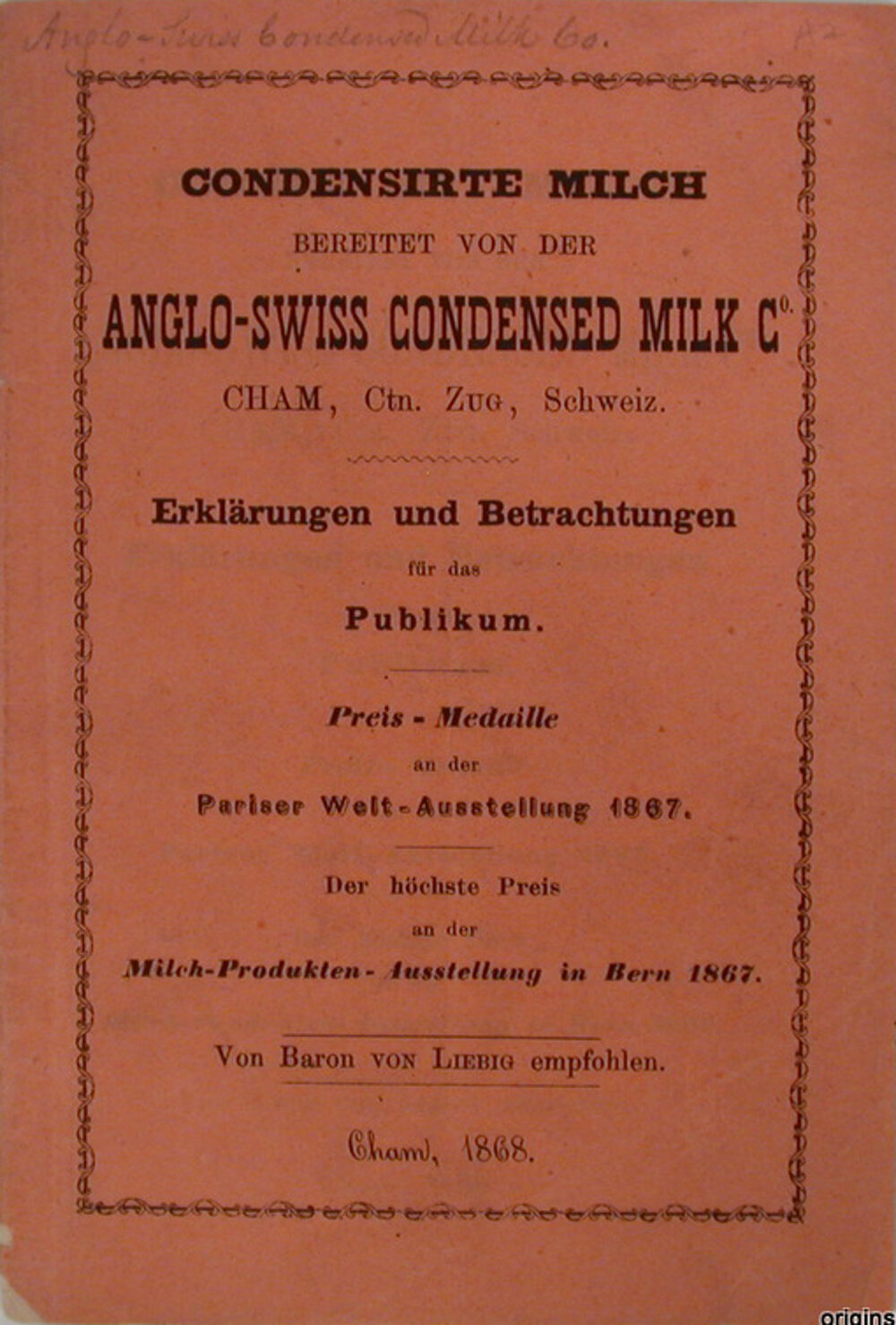 Anglo-Swiss Condensed Milk Co. certificate for milk products written in German.