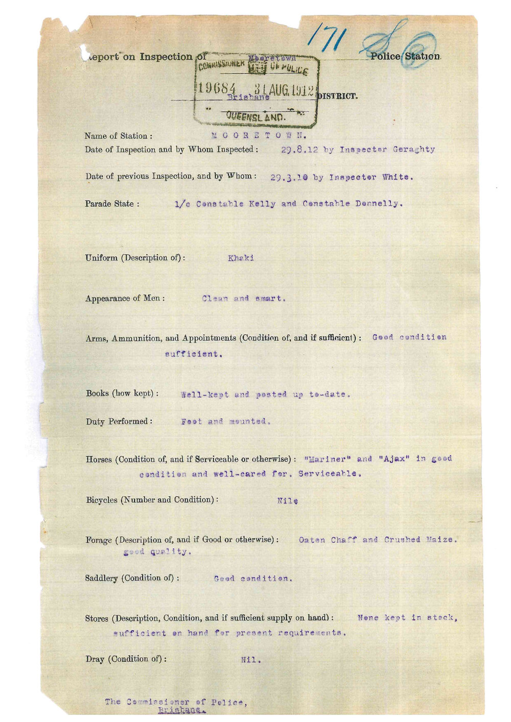 Report on Inspection of Mooretown Police Station 29/08/1912