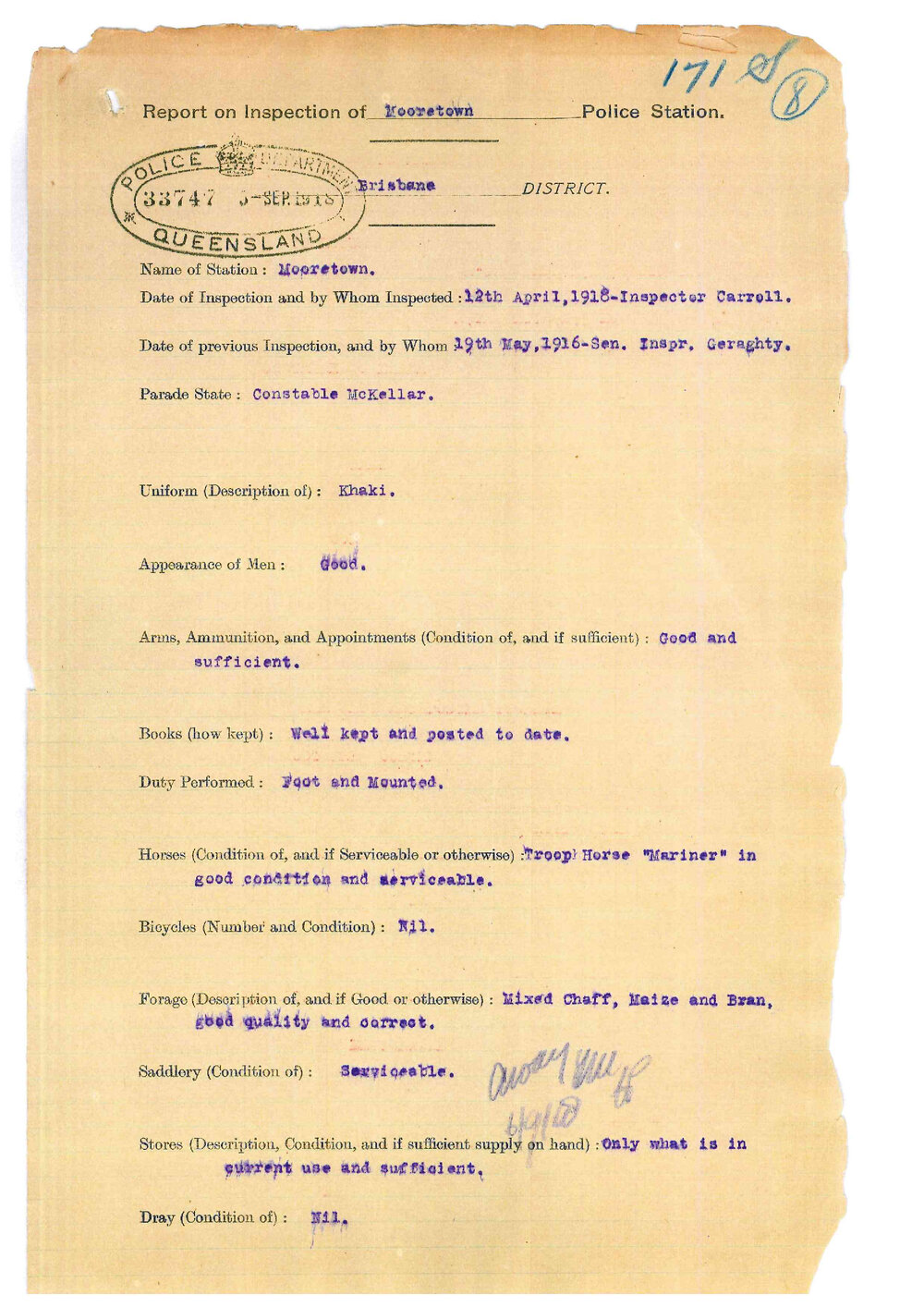 Report on Inspection of Mooretown Police Station 12/04/1918