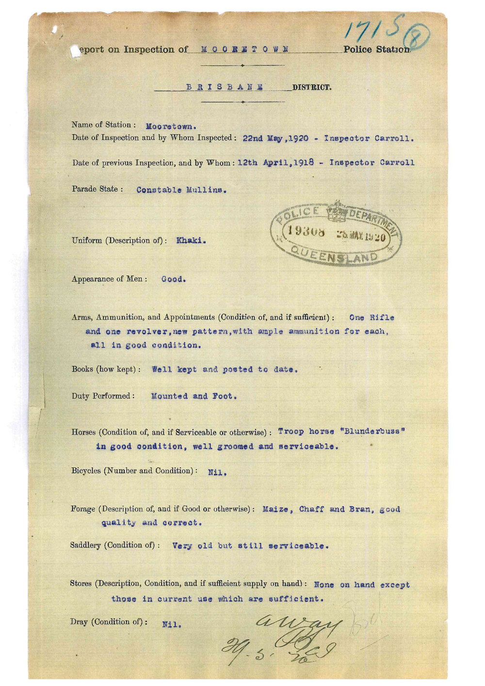 Report on Inspection of Mooretown Police Station 22/05/1920