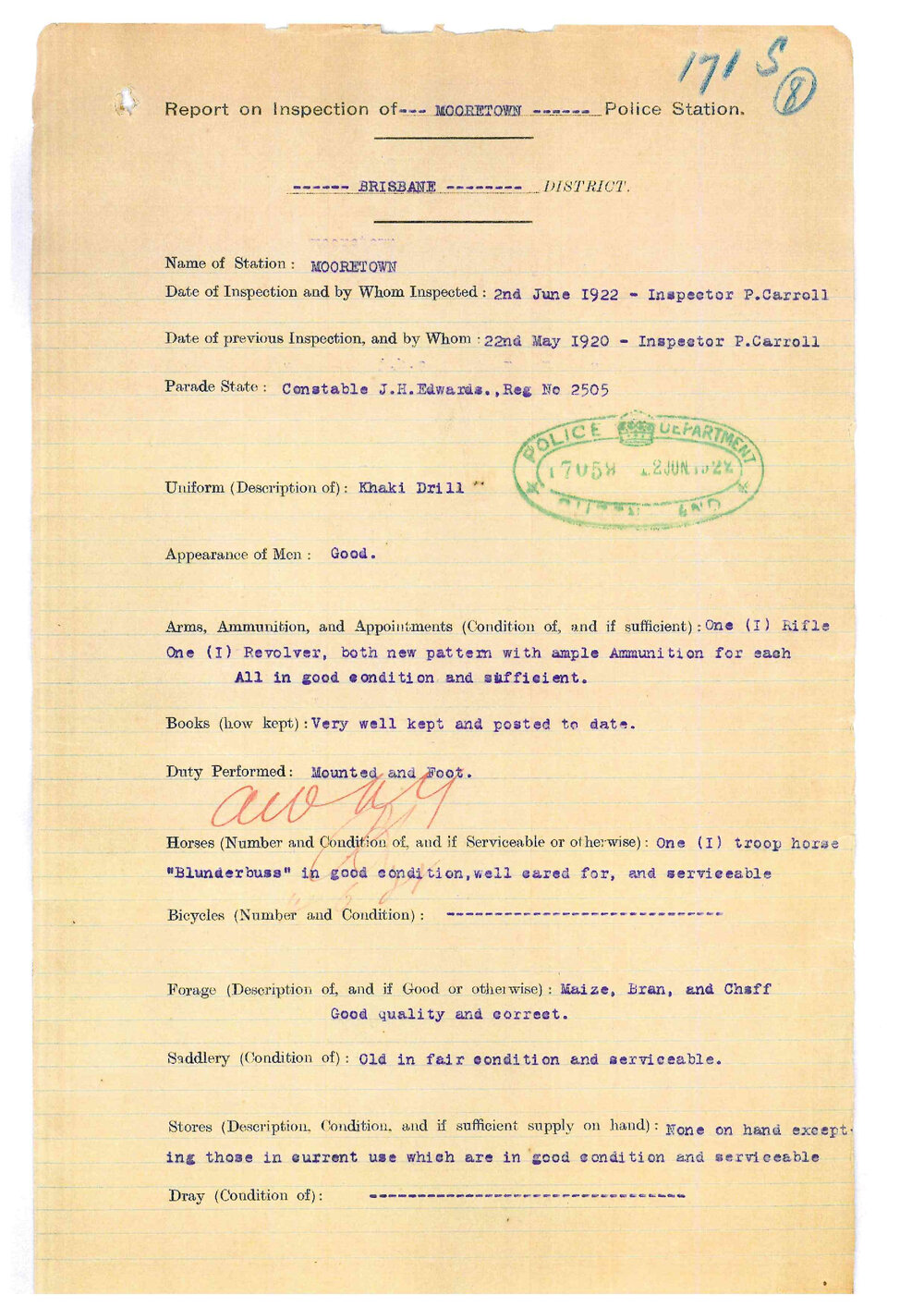 Report on Inspection of Mooretown Police Station 12/06/1922