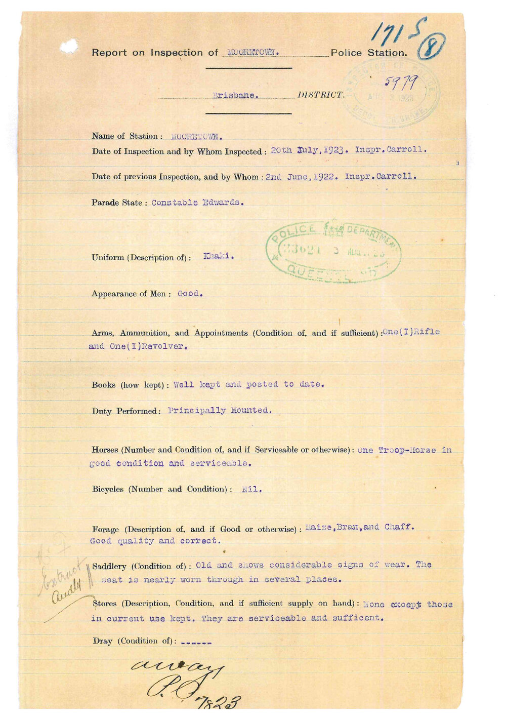 Report on Inspection of Mooretown Police Station 20/07/1923