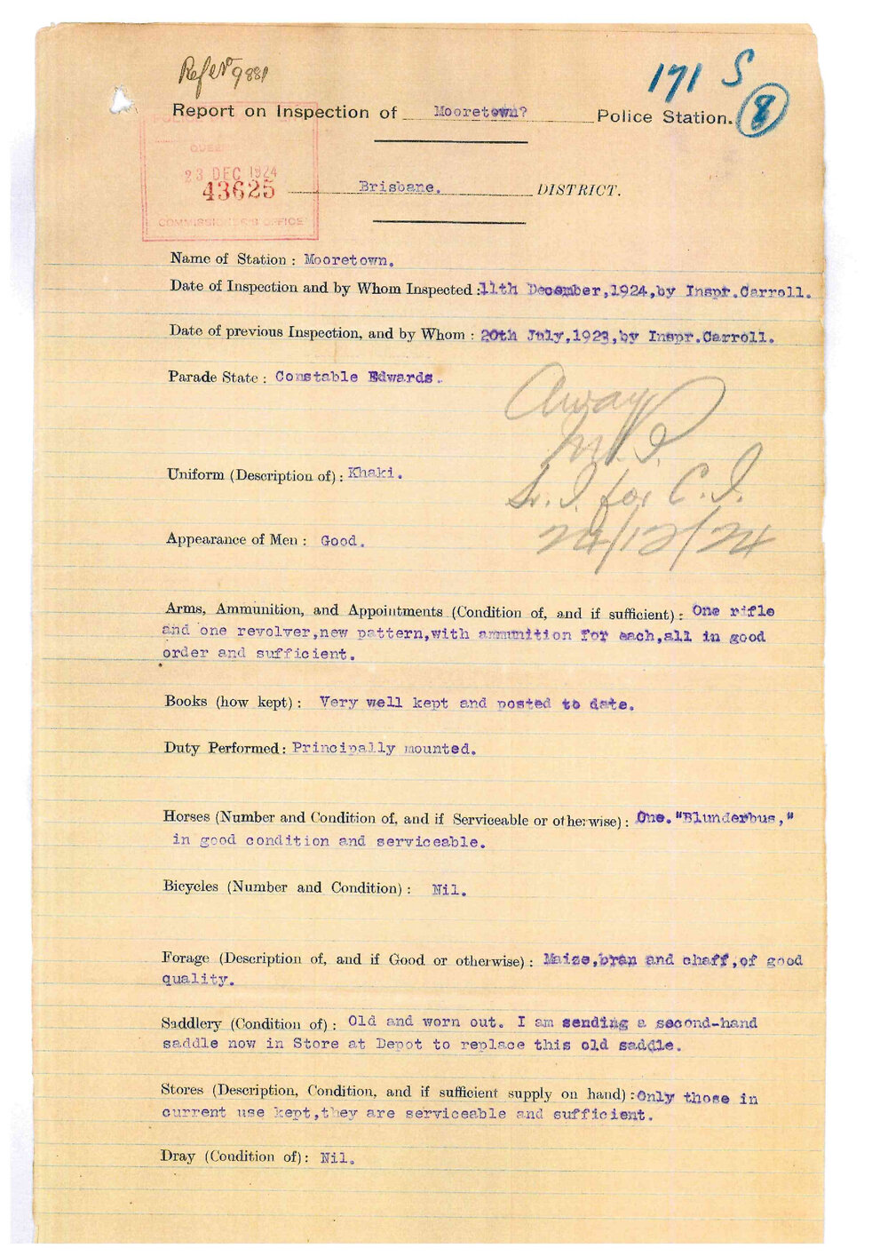 Report on Inspection of Mooretown Police Station 11/12/1924