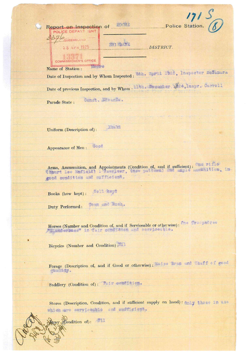 Report on Inspection of Moore Police Station 08/04/1925