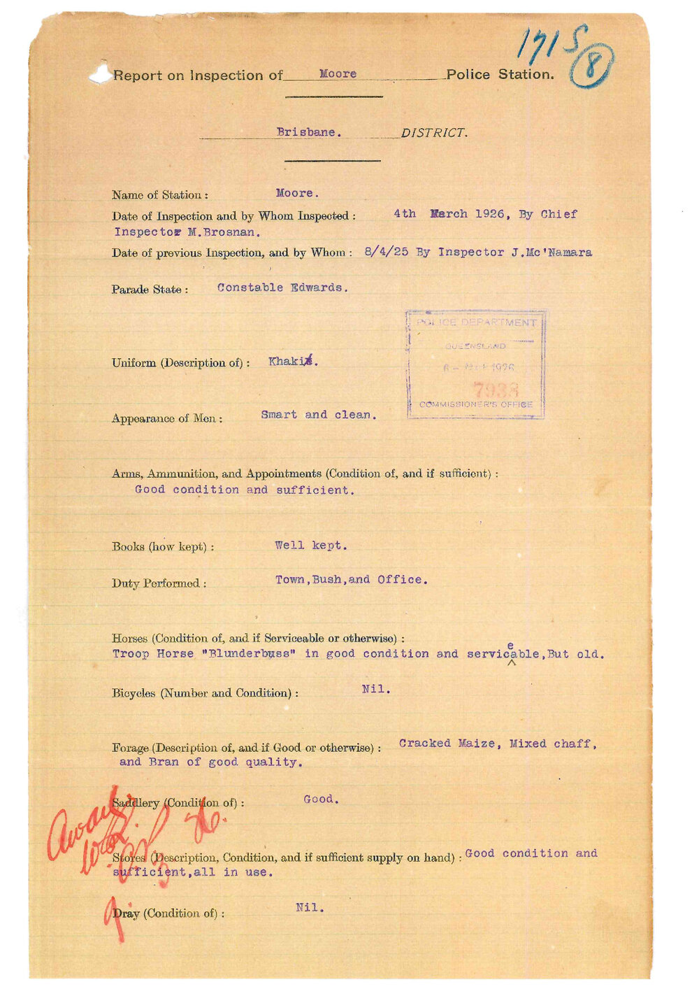 Report on Inspection of Moore Police Station 04/03/1926
