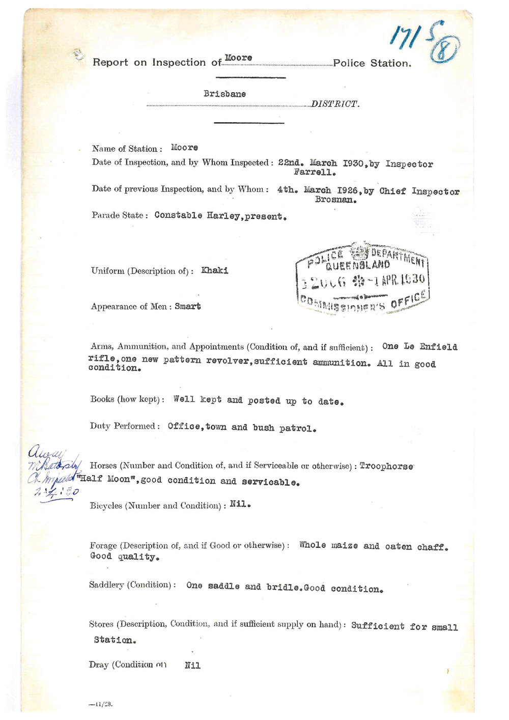 Report on Inspection of Moore Police Station 22/03/1930