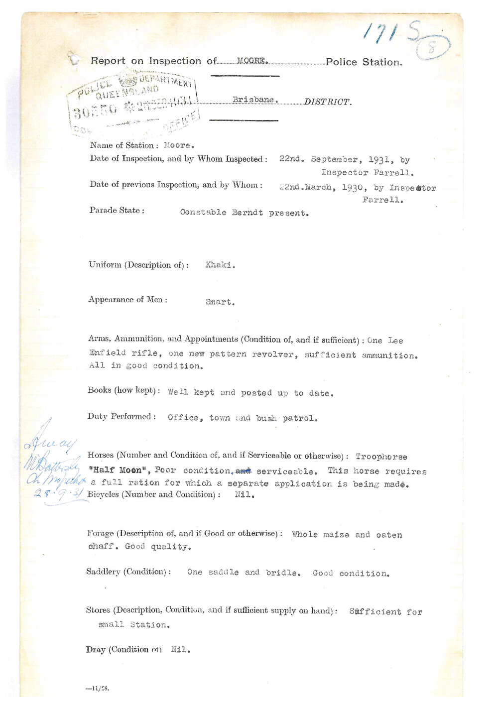Report on Inspection of Moore Police Station 22/09/1931