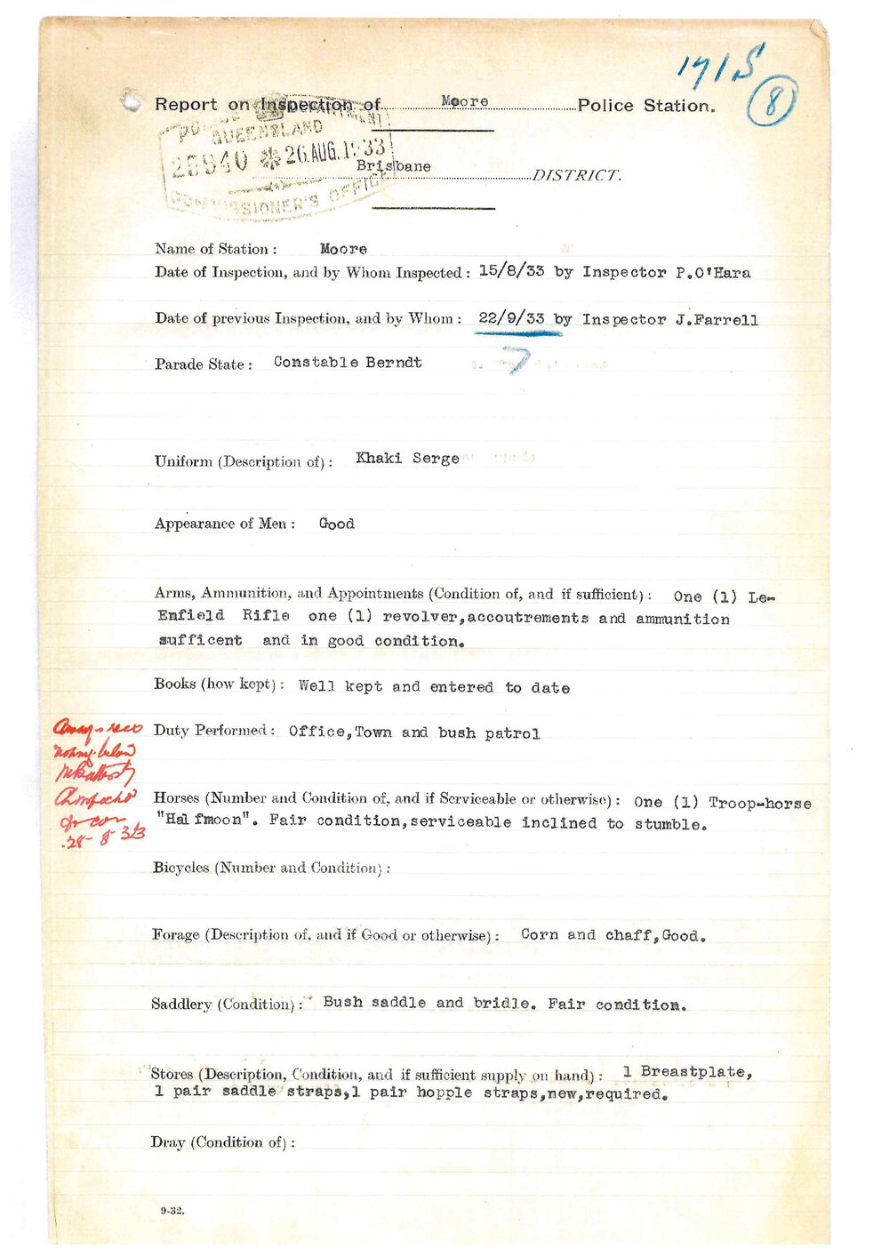 Report on Inspection of Moore Police Station 15/08/1933