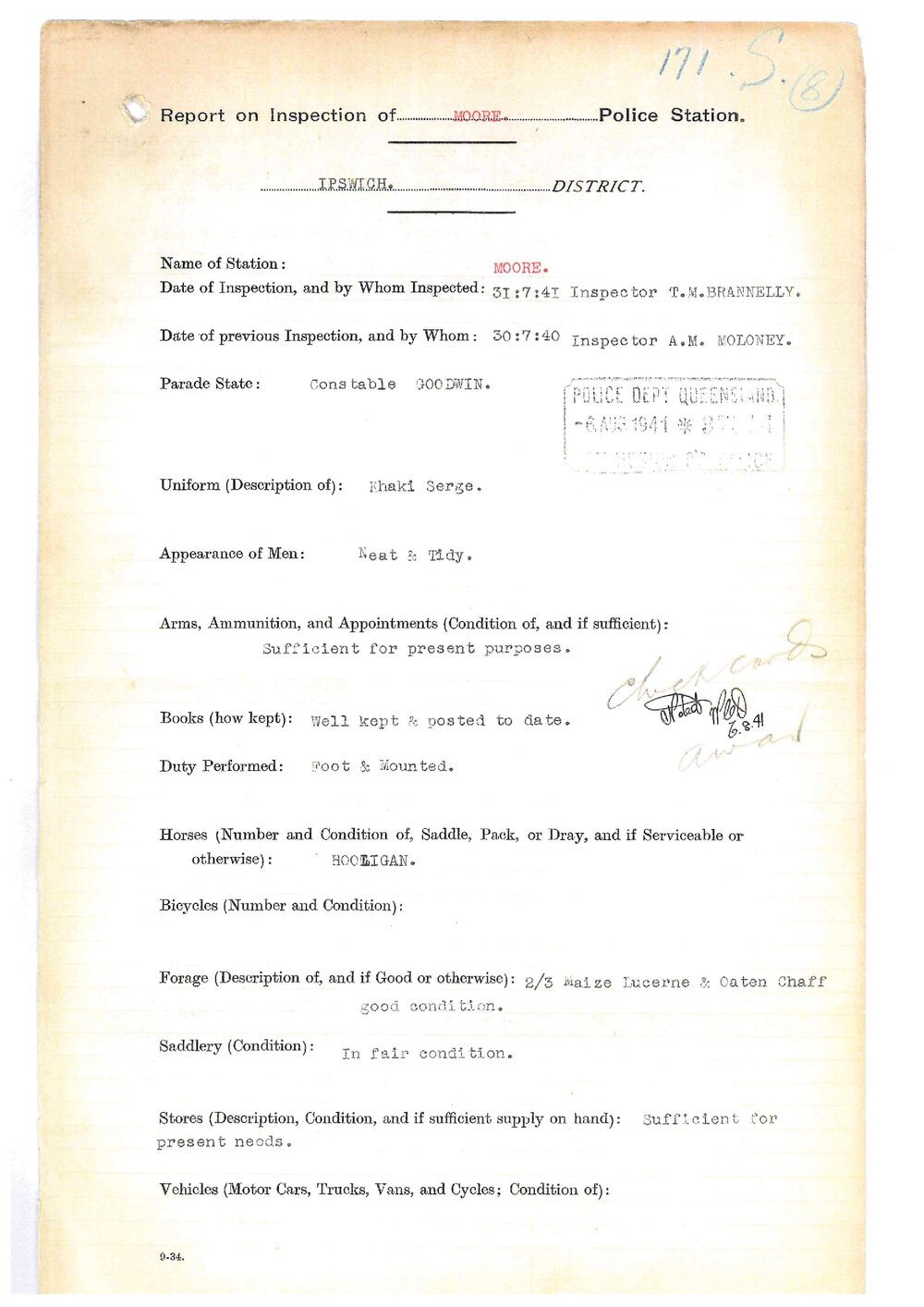 Report on Inspection of Moore Police Station 31/07/1941
