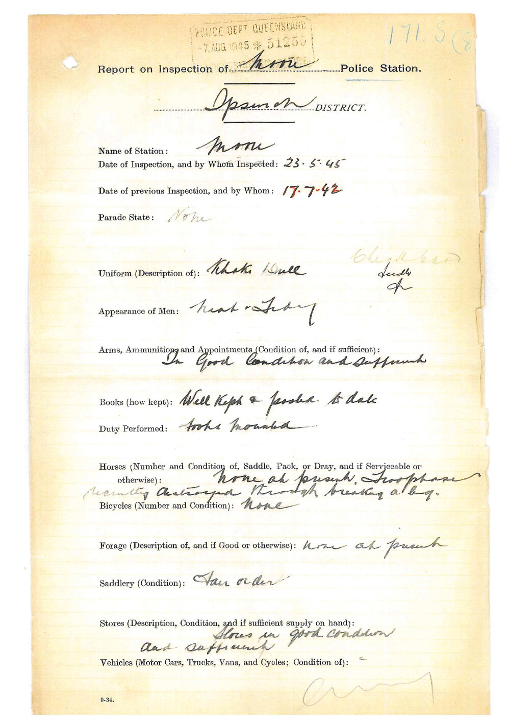 Report on Inspection of Moore Police Station 23/05/1945