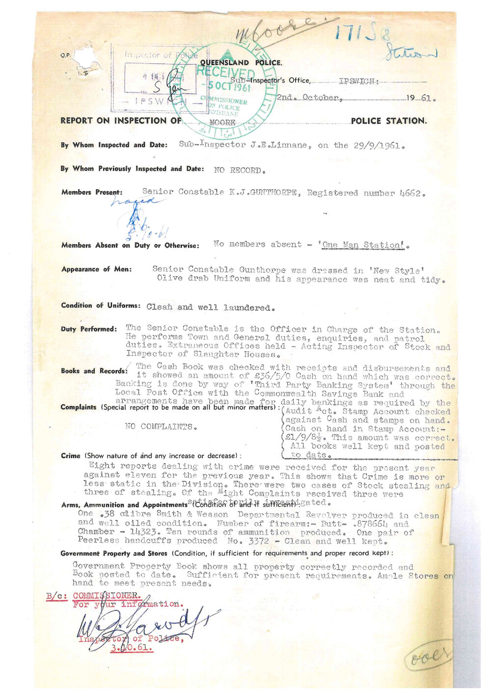 Report on Inspection of Moore Police Station 29/09/1961