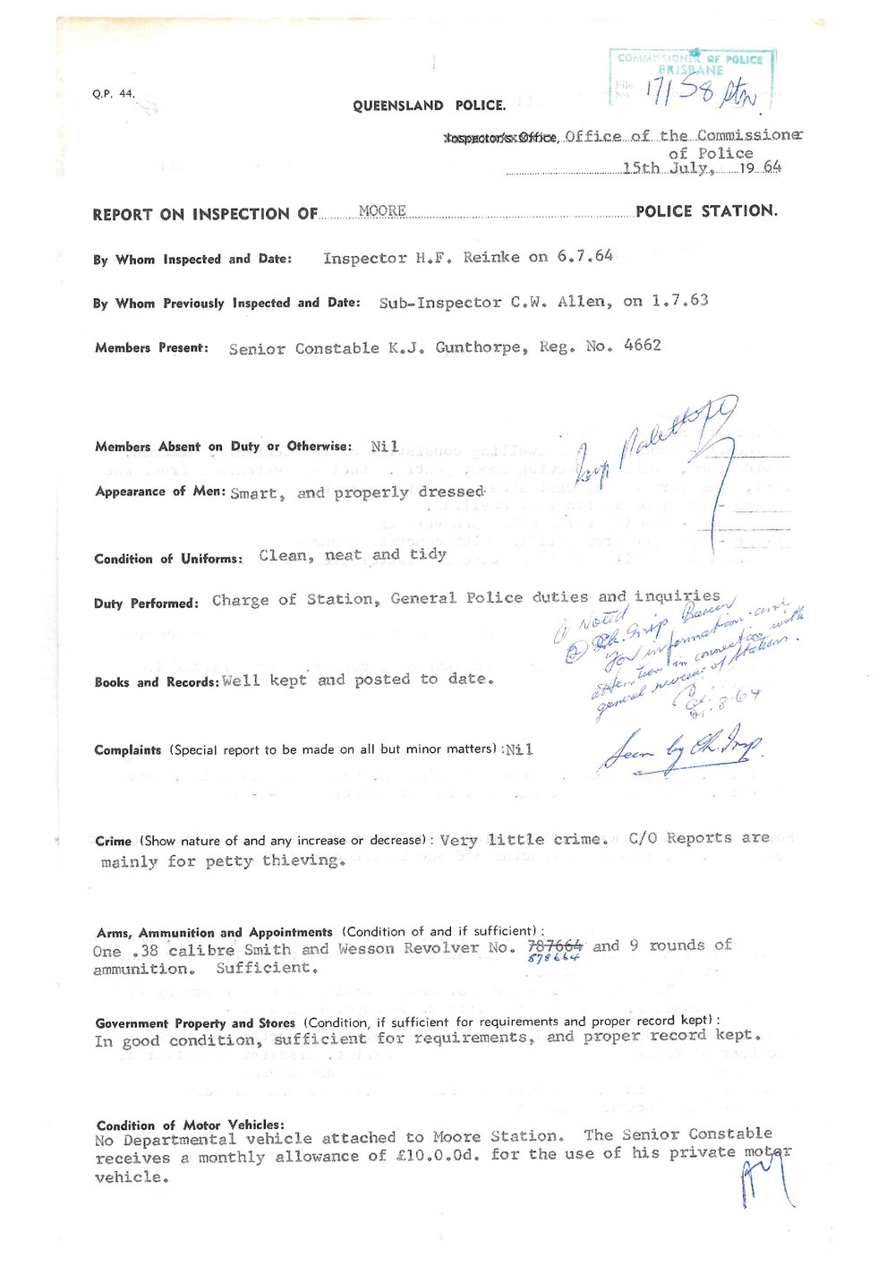 Report on Inspection of Moore Police Station 15/07/1964