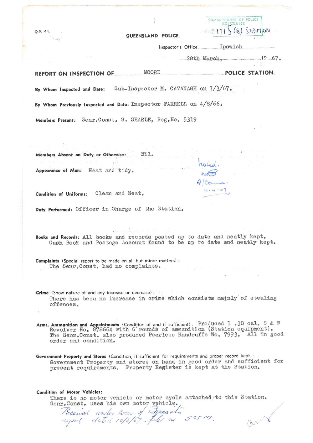 Report on Inspection of Moore Police Station 07/03/1967