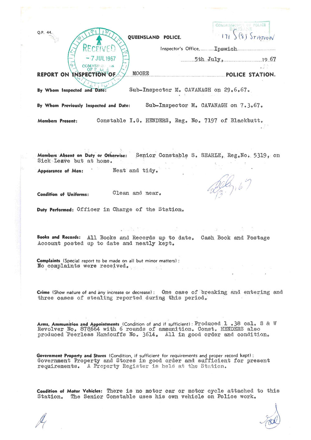 Report on Inspection of Moore Police Station 29/06/1967