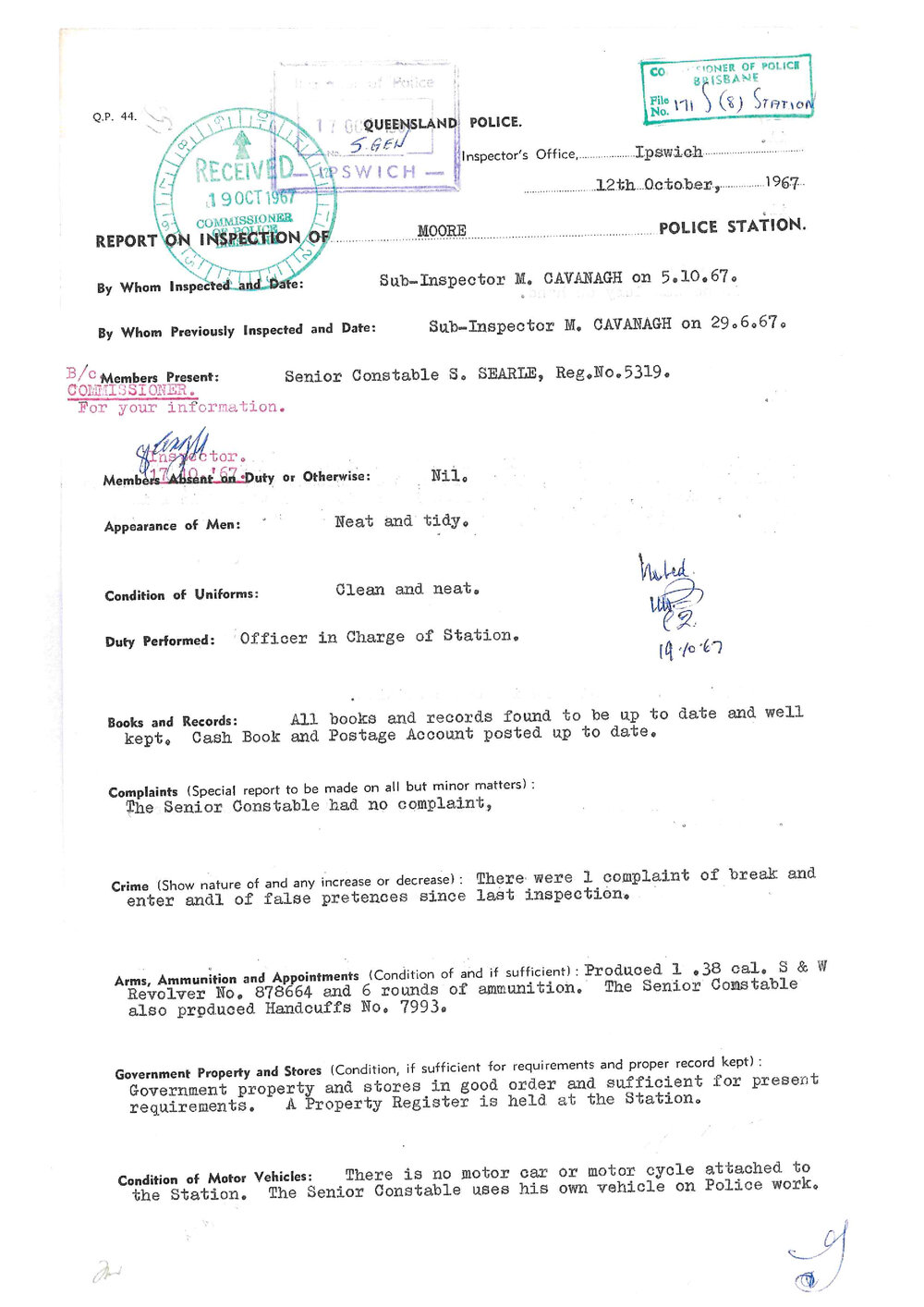 Report on Inspection of Moore Police Station completed 05/10/1967