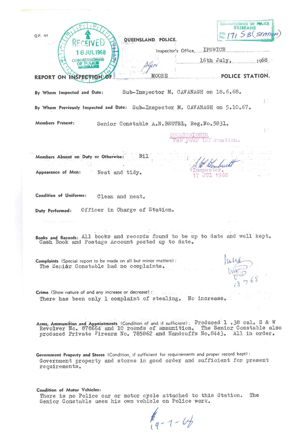 Report on Inspection of Moore Police Station 18/06/1968
