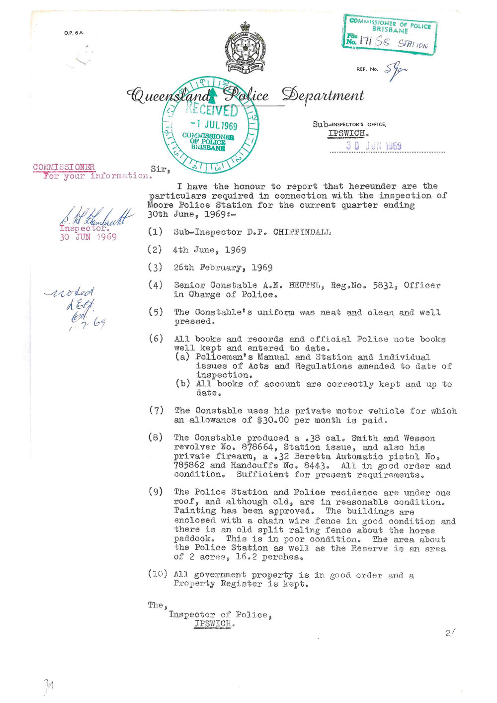 Letter of Report of Inspection of Moore Police Station for the quarter ending 30/06/1969. 
