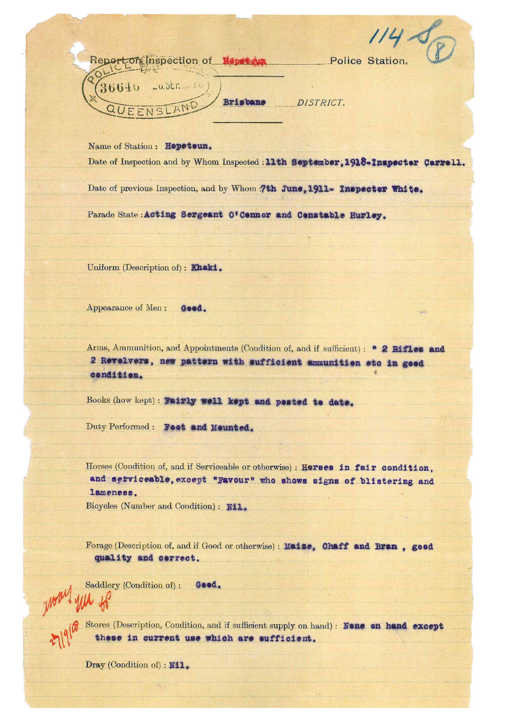 Report on Inspection of Hopetoun  Police Station 11/09/1918