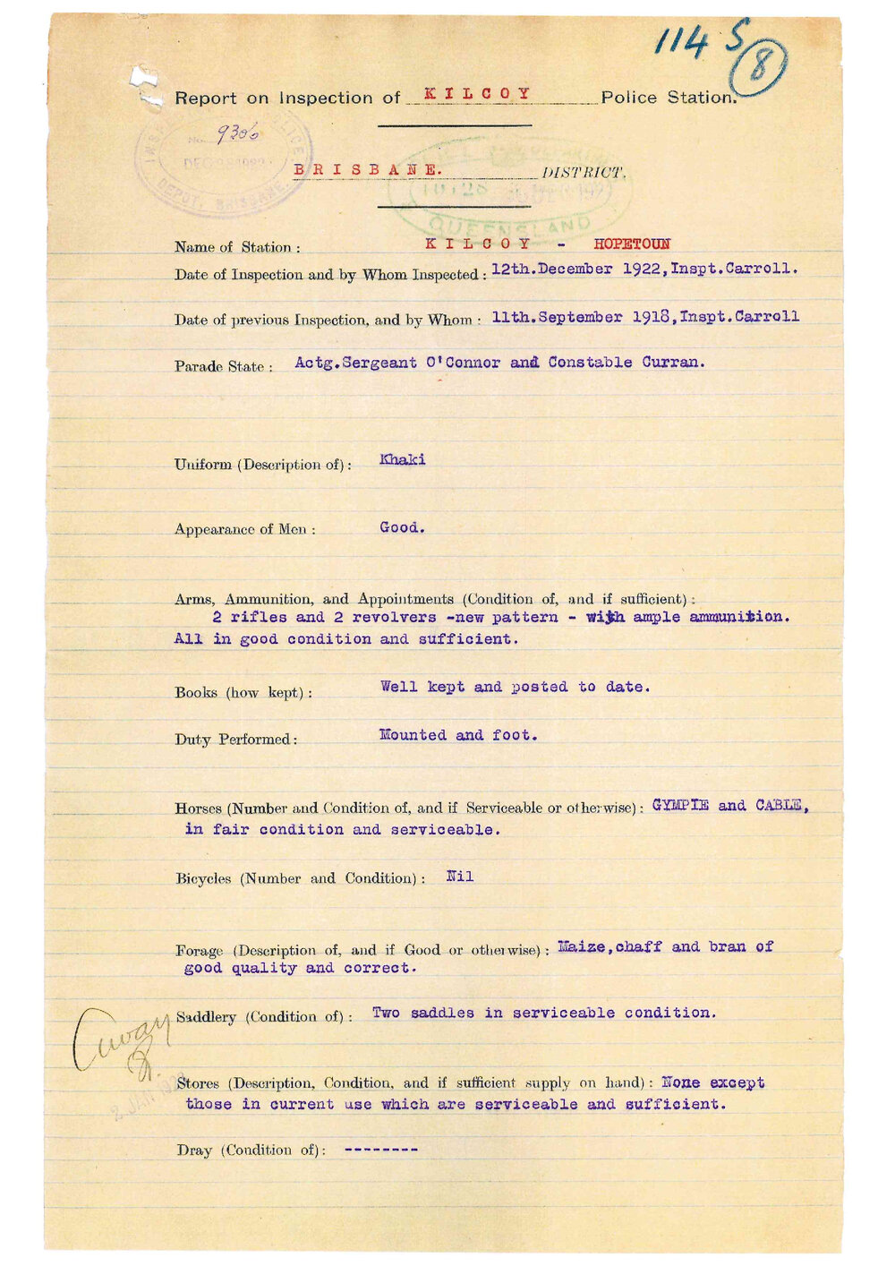 Report on Inspection of Kilcoy Police Station 12/12/1922