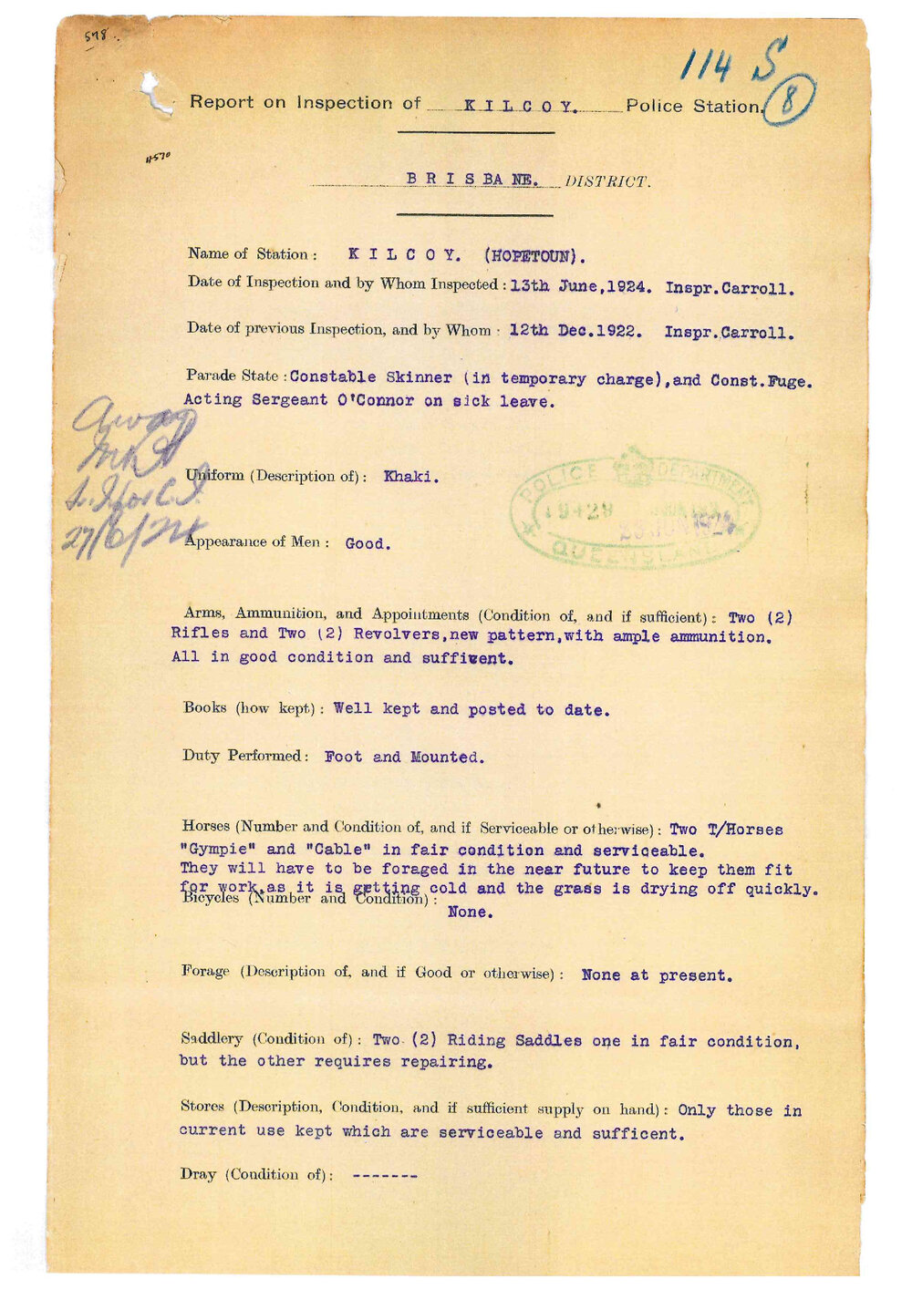 Report on Inspection of Kilcoy Police Station 13/06/1924
