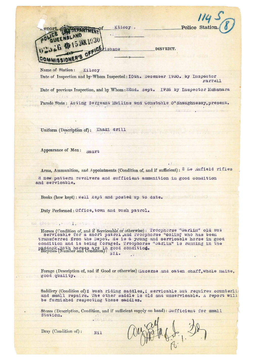 Report on Inspection of Kilcoy Police Station 10/12/1930