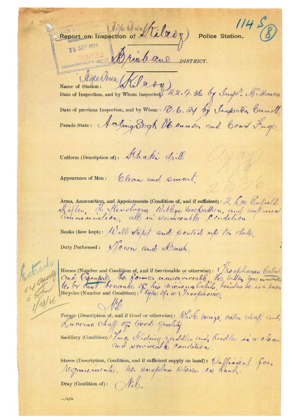 Report on Inspection of Kilcoy Police Station 22/09/1926