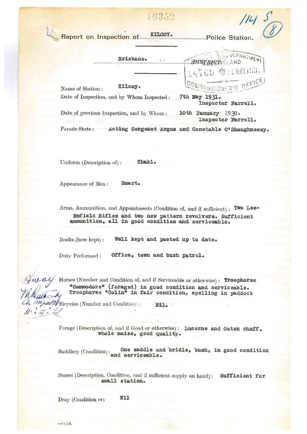 Report on Inspection of Kilcoy Police Station 07/05/1931