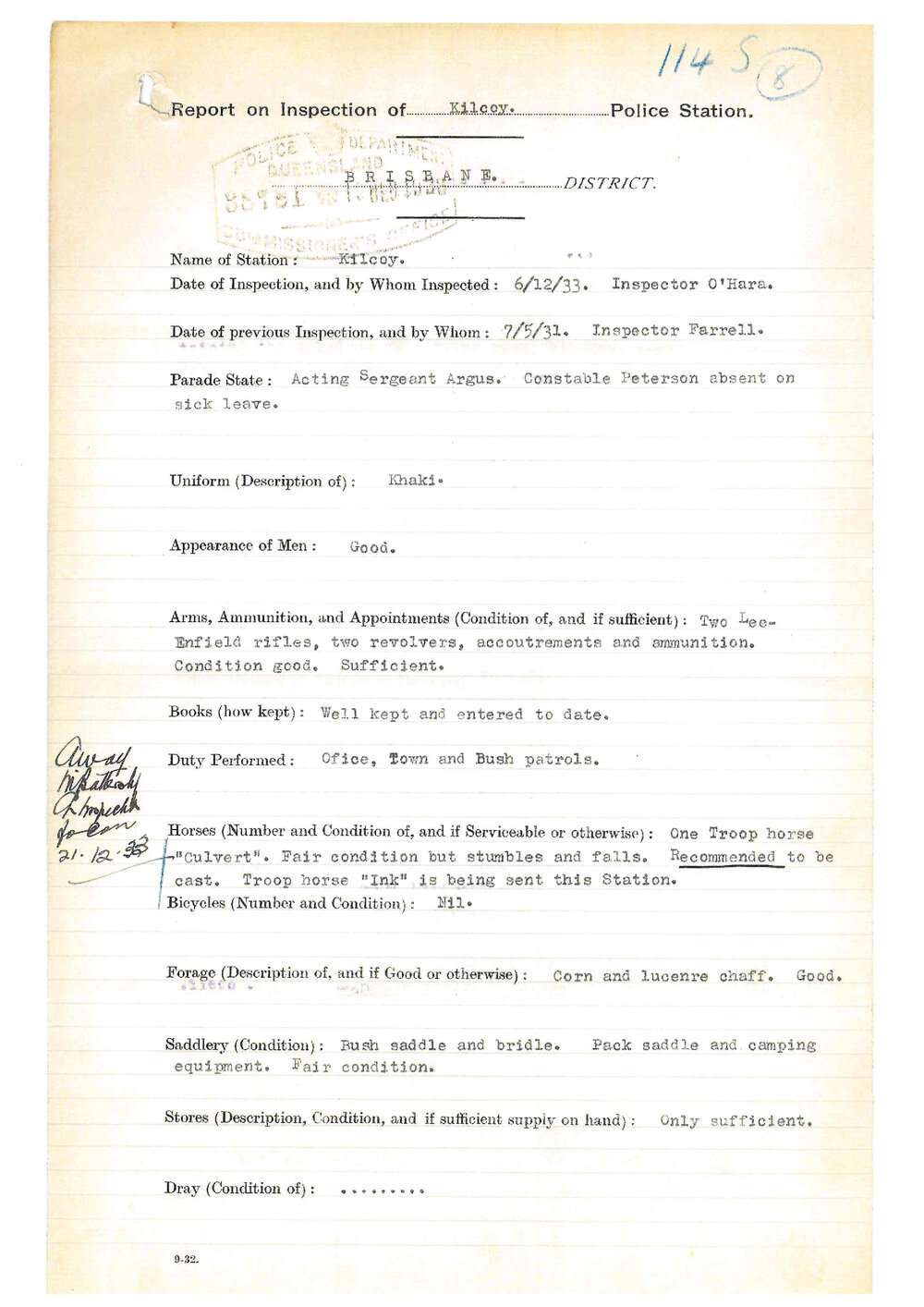 Report on Inspection of Kilcoy police Station 06/12/1933