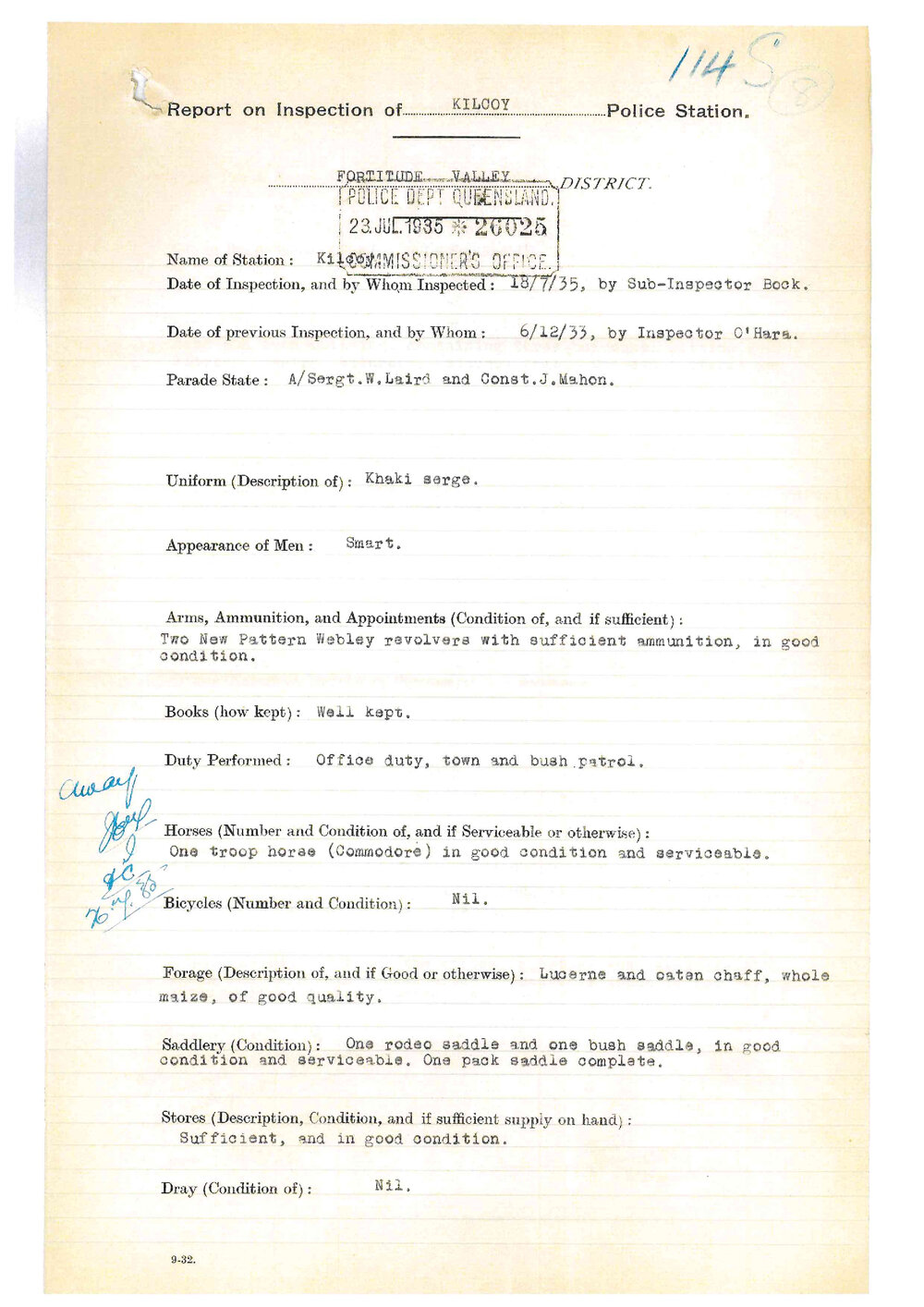 Report on Inspection of Kilcoy Police Station 18/07/1935