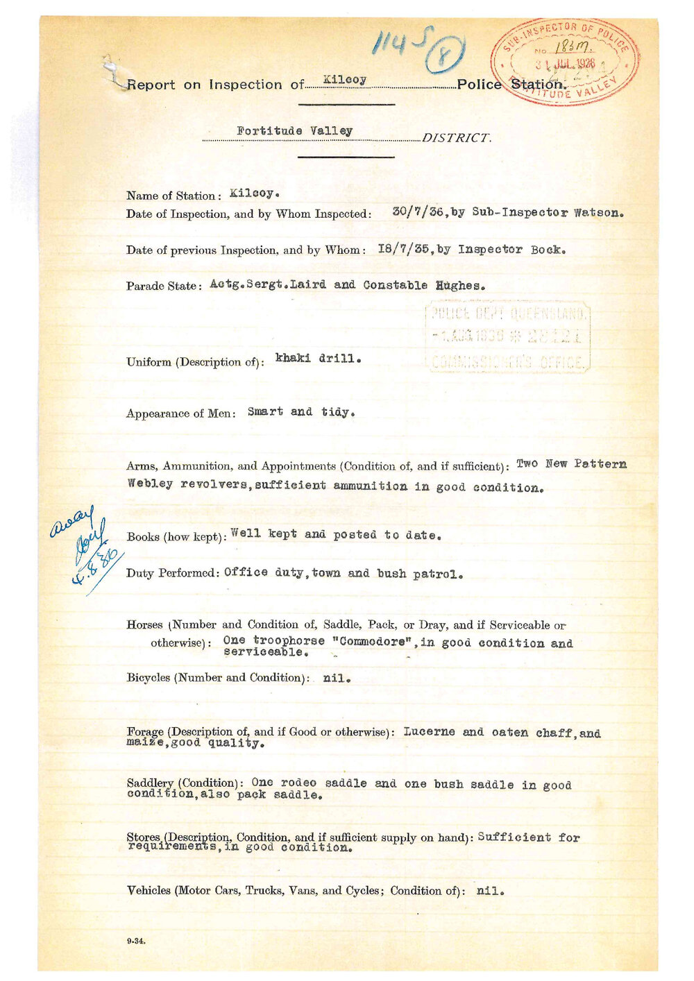 Report on Inspection of Kilcoy Police Station 30/07/1936