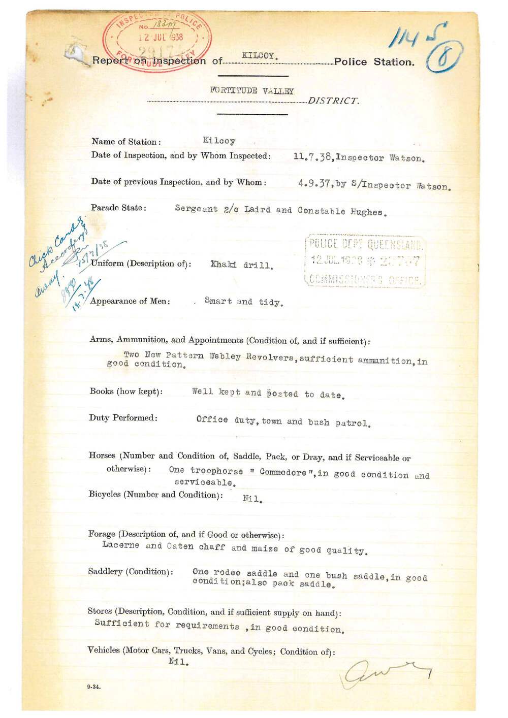 Report on Inspection of Kilcoy Police Station 11/07/1938