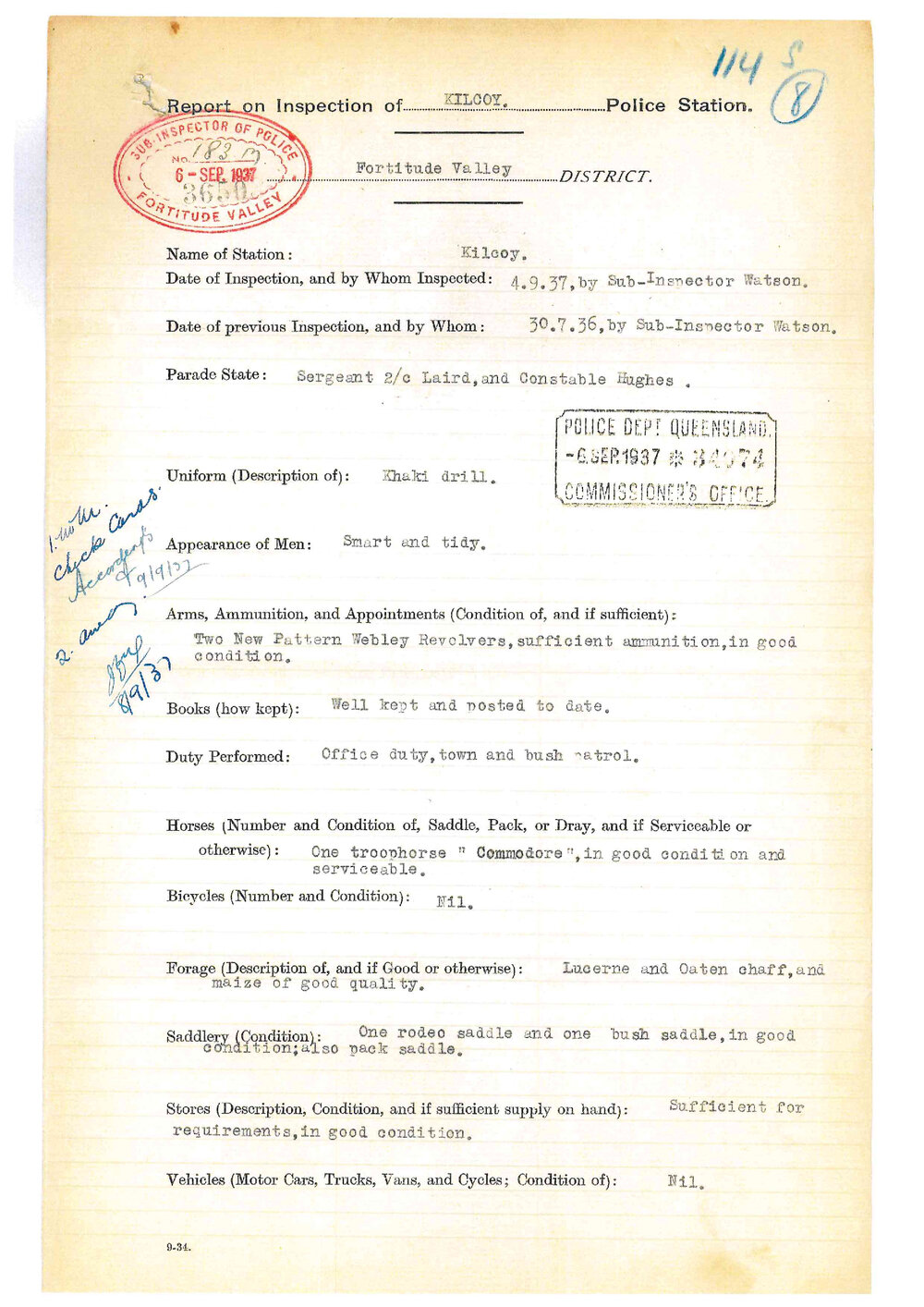 Report on Inspection of Kilcoy Police Station 04/09/1937