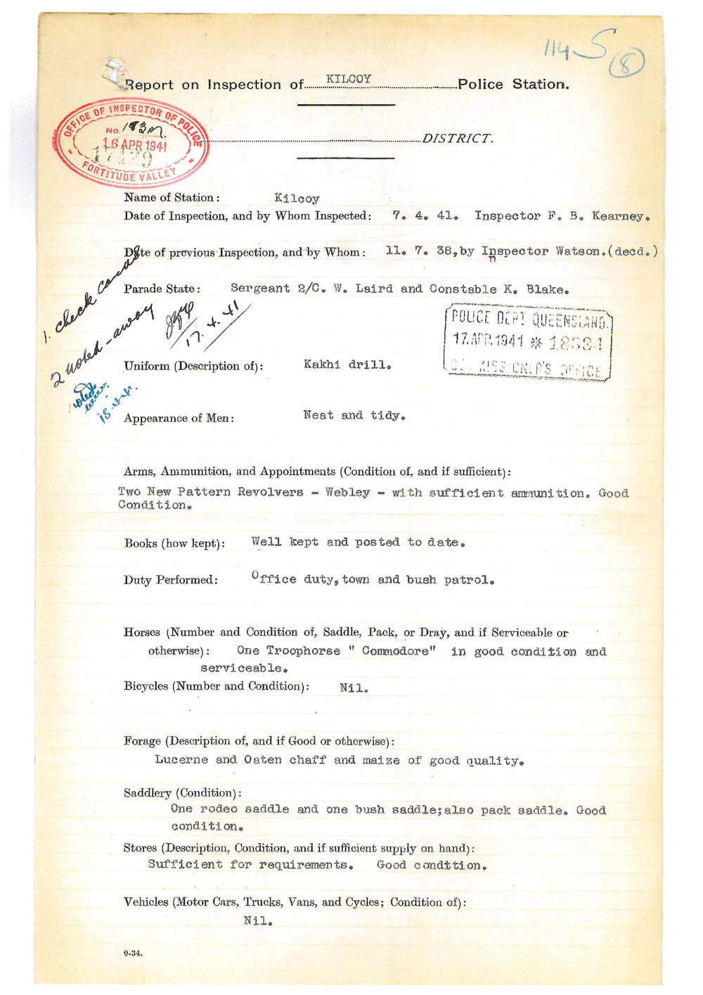 Report on Inspection of Kilcoy Police Station 07/04/1941