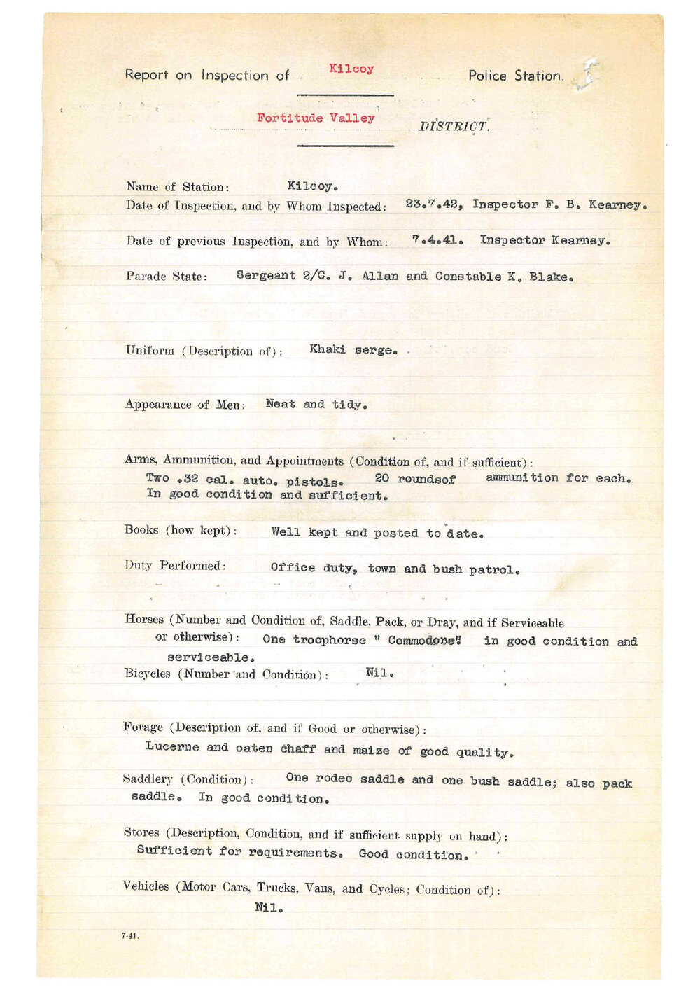 Report on Inspection of Kilcoy Police Station 23/07/1942