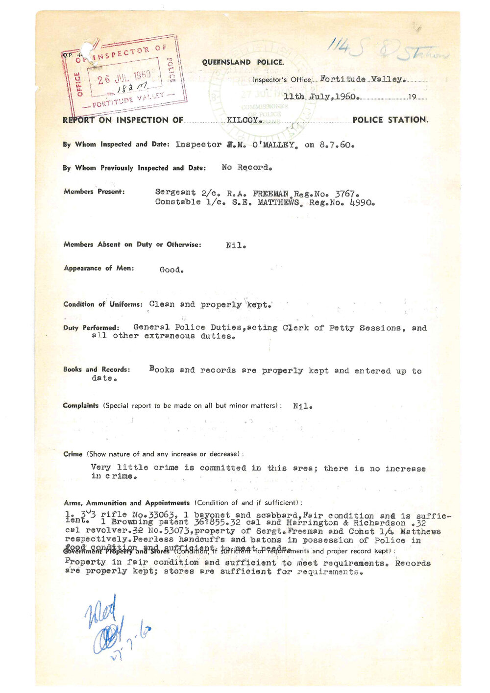 Report on Inspection of Kilcoy Police Station 08/07/1960