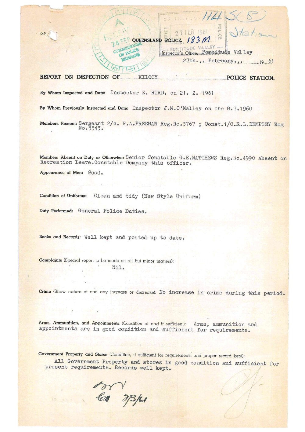 Report on Inspection of Kilcoy Police Station 21/02/1961