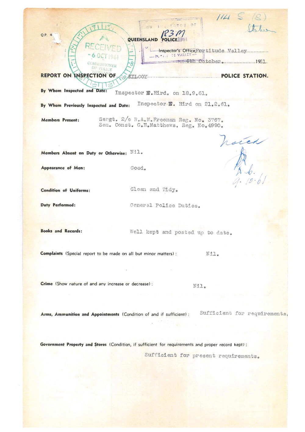 Report on Inspection of Kilcoy Police Station 18/09/1961