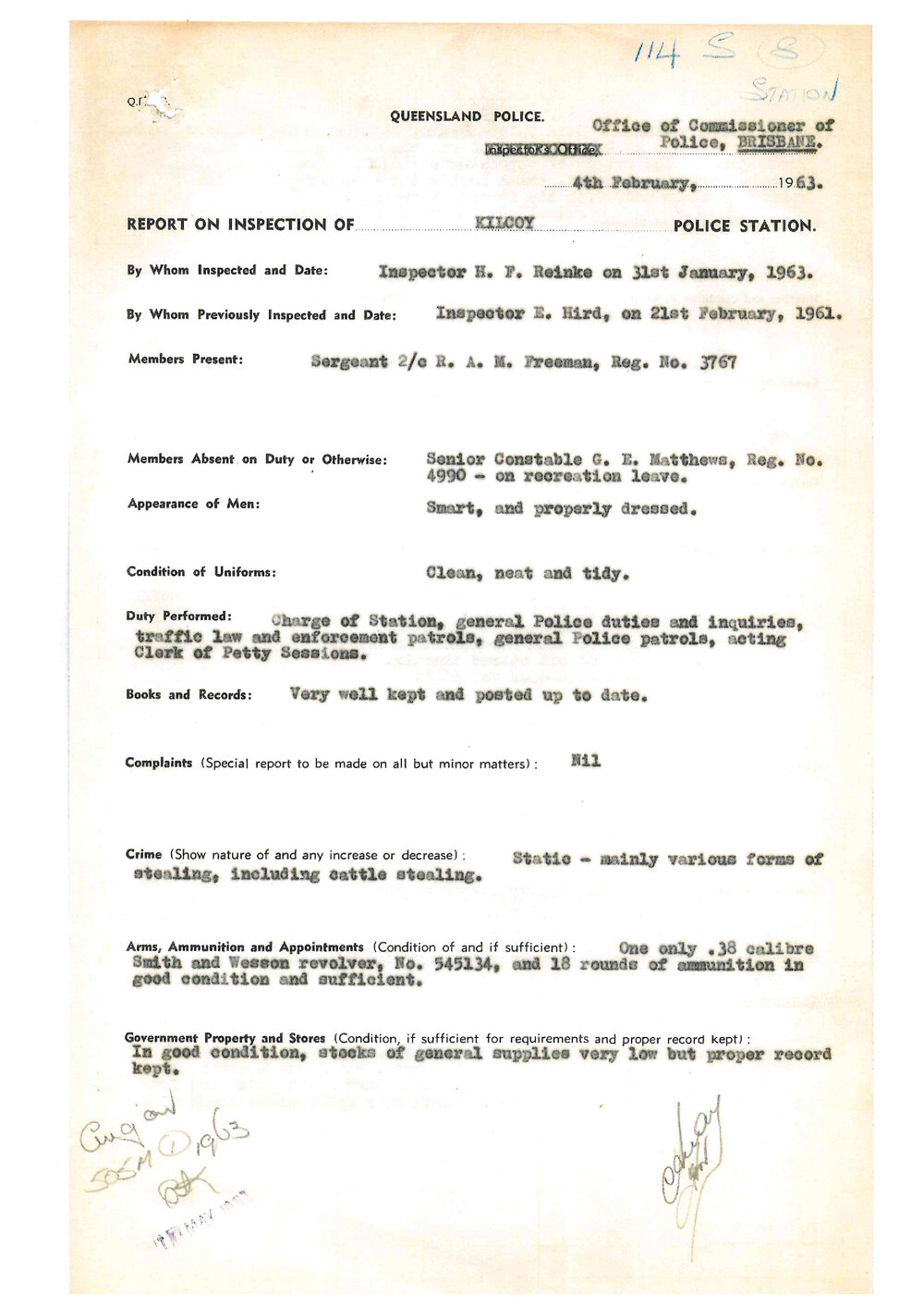 Report on Inspection of Kilcoy Police Station 31/01/1963