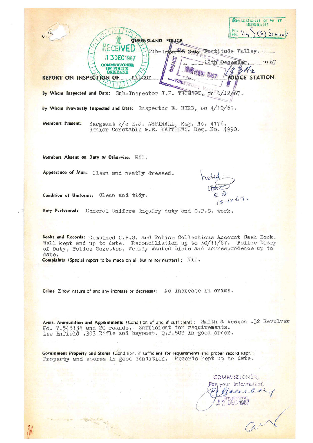 Report on Inspection of Kilcoy Police Station 06/12/1967