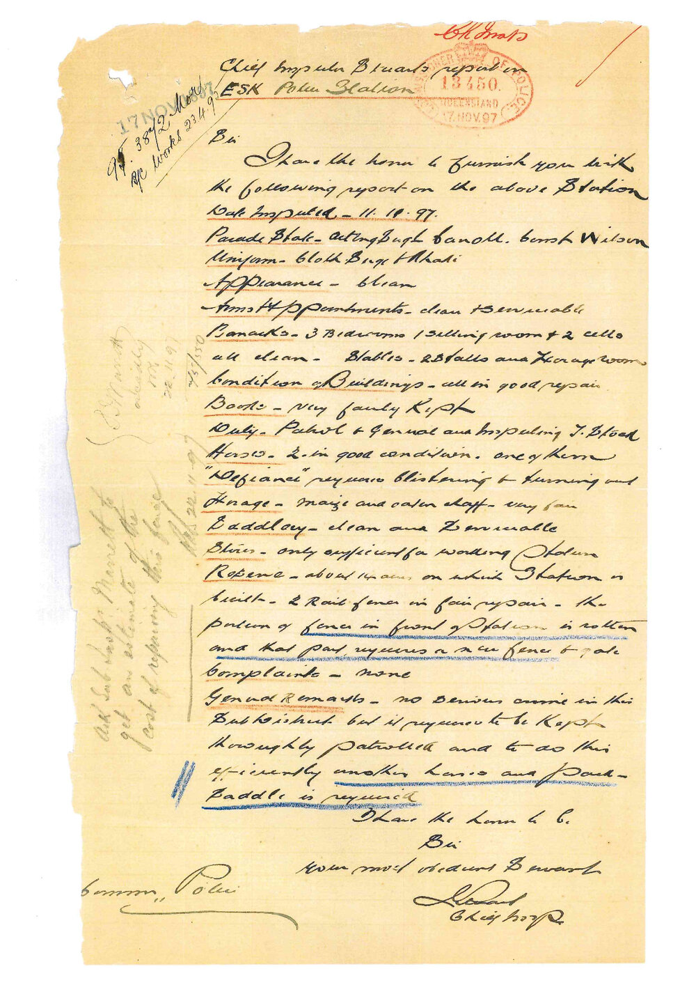 Report on Inspection of Esk Police Station 11/11/1897