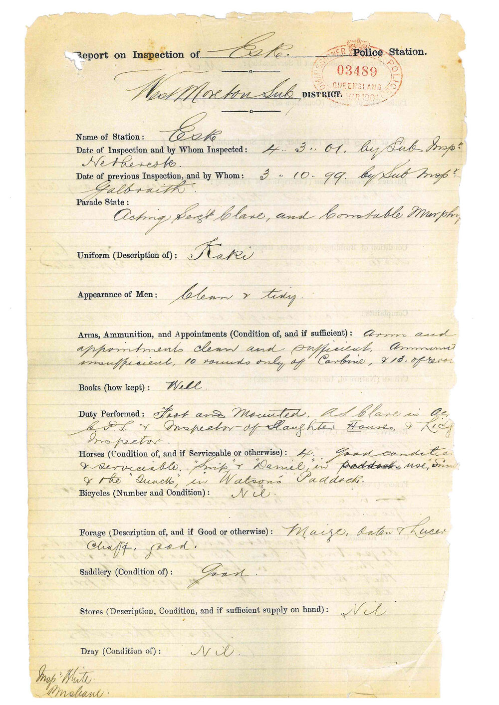 Report on Inspection of Esk Police Station 04/03/1901
