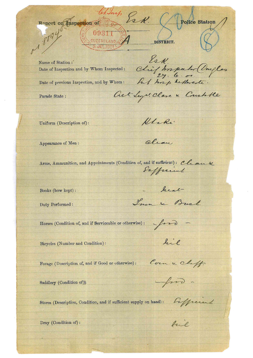 Report on Inspection of Esk Police Station 27/06/1901