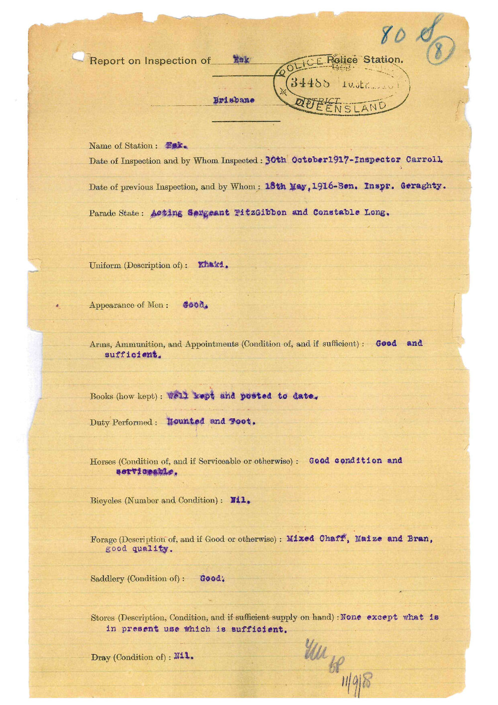 Report on Inspection of Esk Police Station 30/10/1917