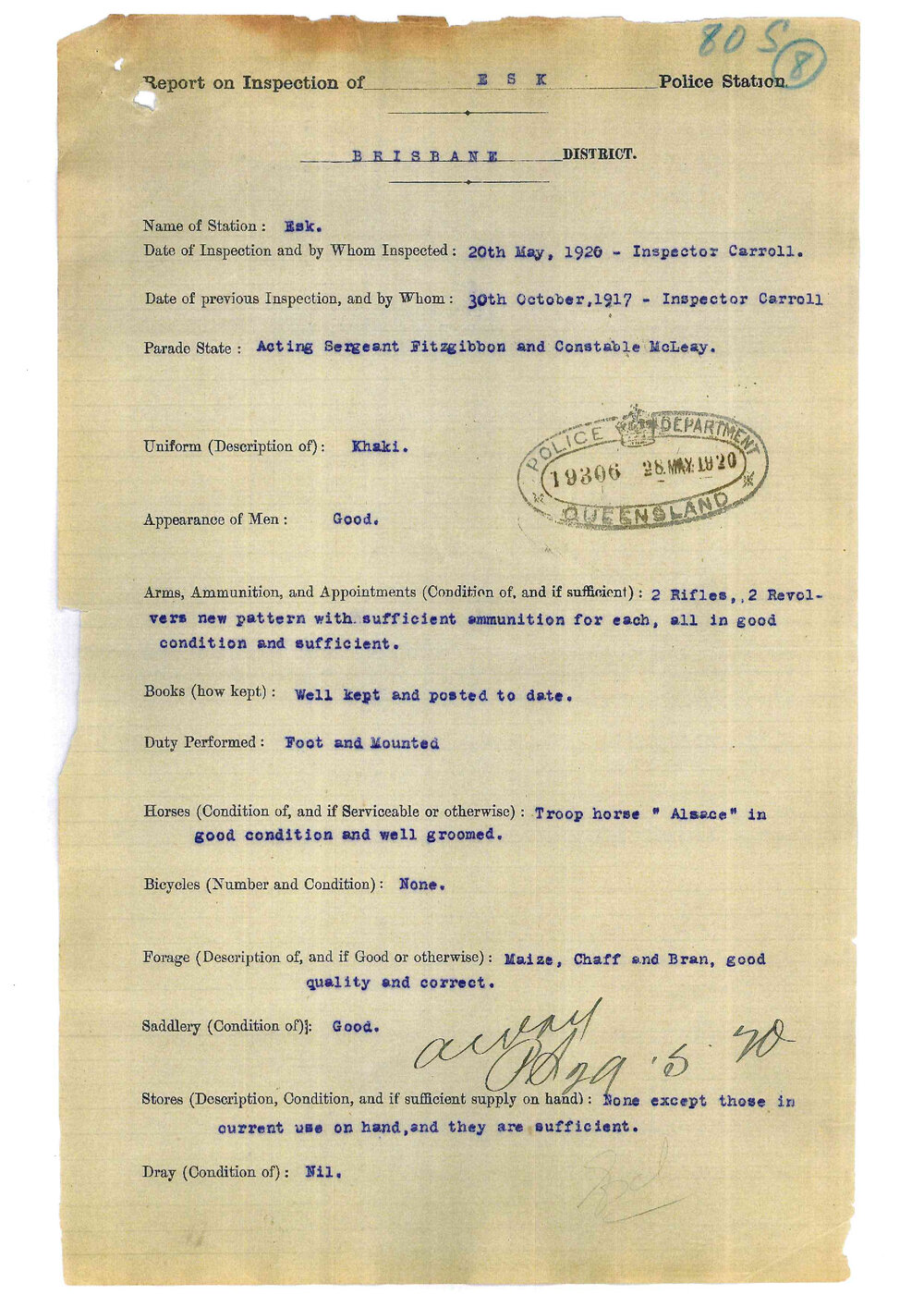 Report on Inspection of Esk Police Station 20/05/1920