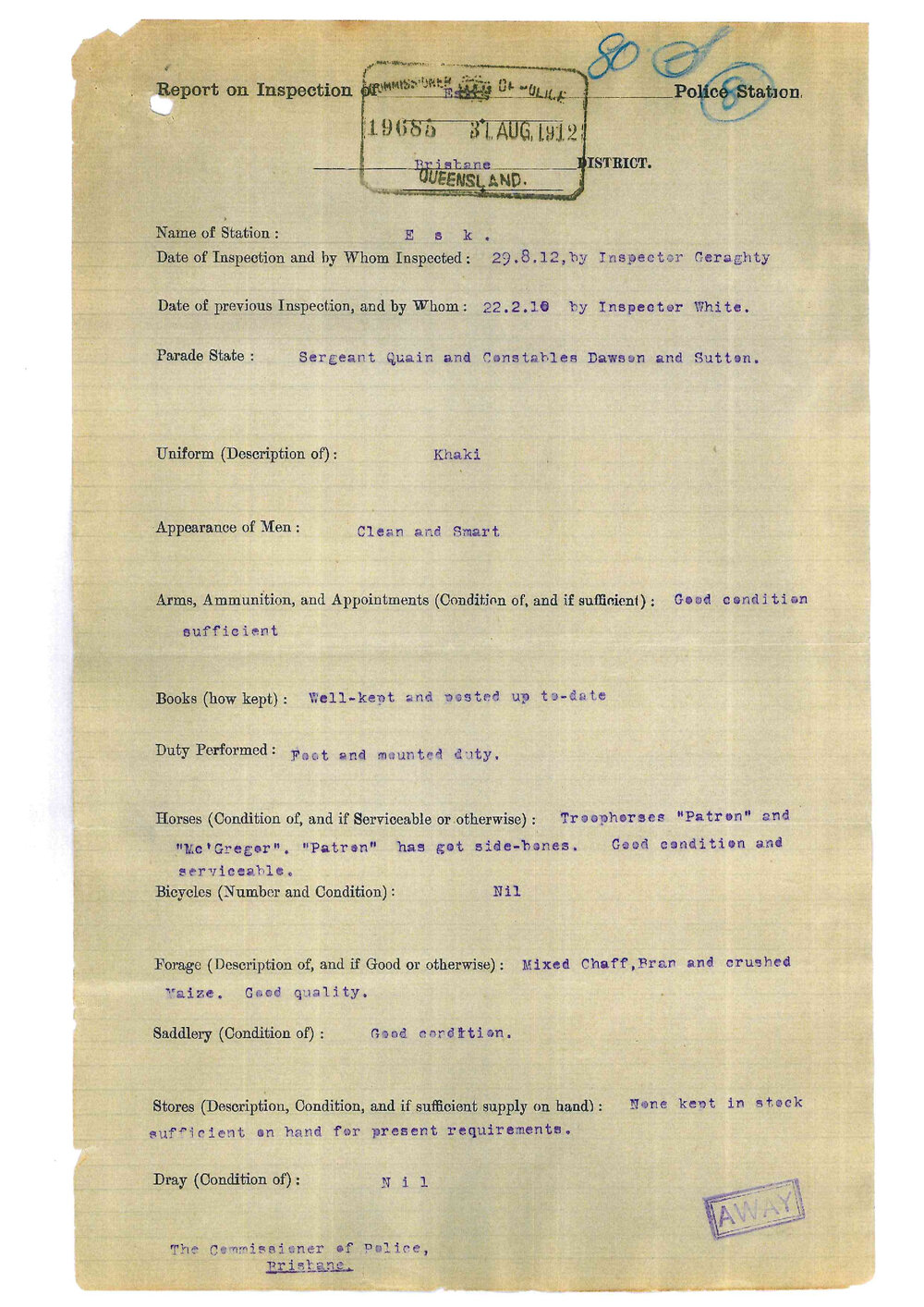 Report on Inspection of Esk Police Station 29/08/1912