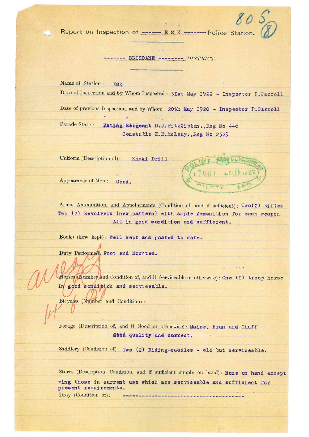 Report on Inspection of Esk Police Station 31/05/1922
